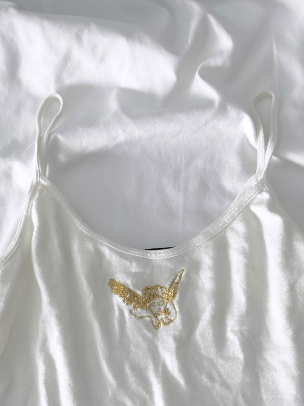 Brandy Melville White Spaghetti Strap Crop Top with Gold Angel Embroidery